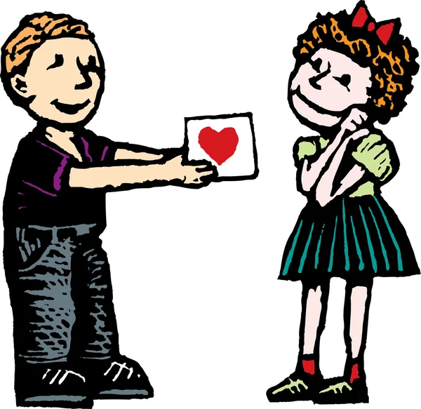 Woodcut ілюстрація того, хлопчик, даючи дівчина Валентина карти — стоковий вектор