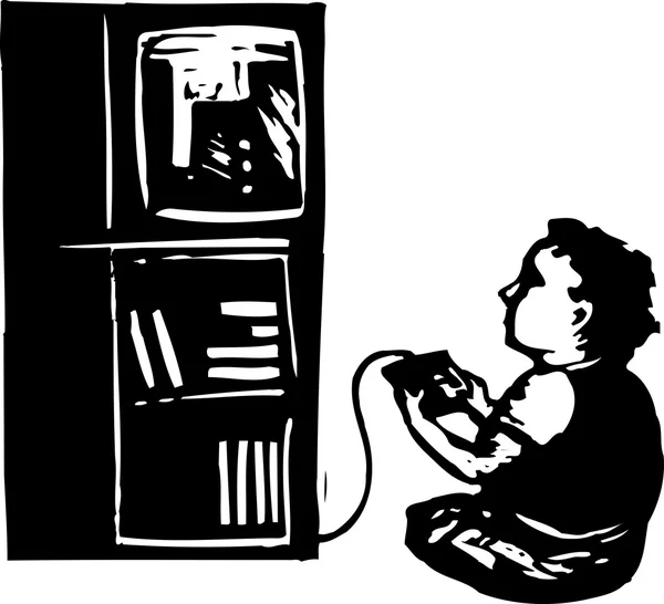 Illustrazione Woodcut di Boy Playing Video Game — Vettoriale Stock