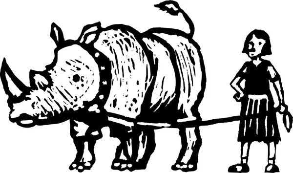 Holzschnitt-Illustration eines Mädchens mit Haustier Nashorn — Stockvektor