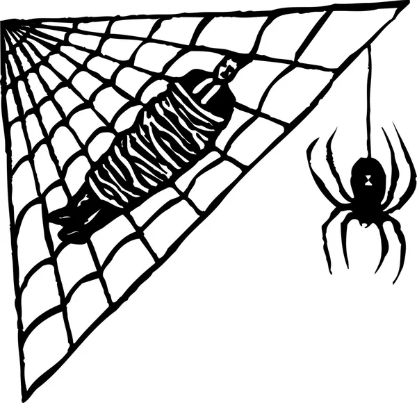 Woodcut ilustração do homem preso na teia de aranha — Vetor de Stock