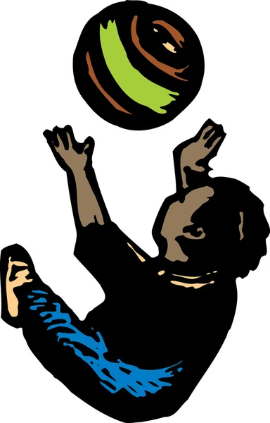 Träsnitt illustration av liten pojke leker med boll — Stock vektor