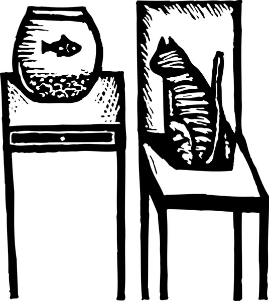 Woodcut Illustrazione di Cat Watching Fish — Vettoriale Stock