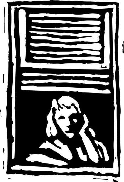 Woodcut Ilustración de la mujer mirando por la ventana — Vector de stock