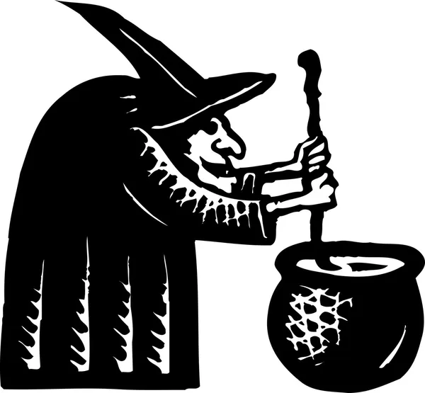 Drzeworyt ilustracja mieszając kocioł czarownicy — Wektor stockowy