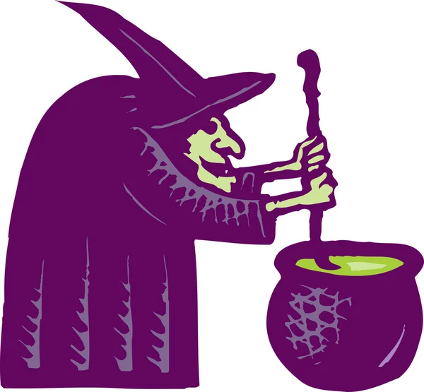 Woodcut Ilustración de Witch Stirring Caldero — Vector de stock