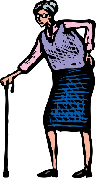 Träsnitt illustration av senior kvinna gå med käpp — Stock vektor