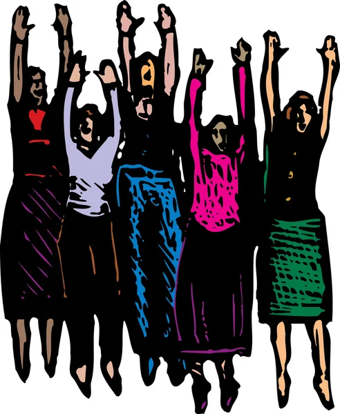 Woodcut Illustration of Group of Women Cheering — Stock Vector