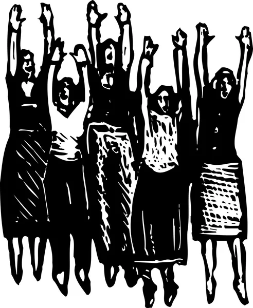 Woodcut Ilustración del Grupo de Mujeres Animando — Vector de stock