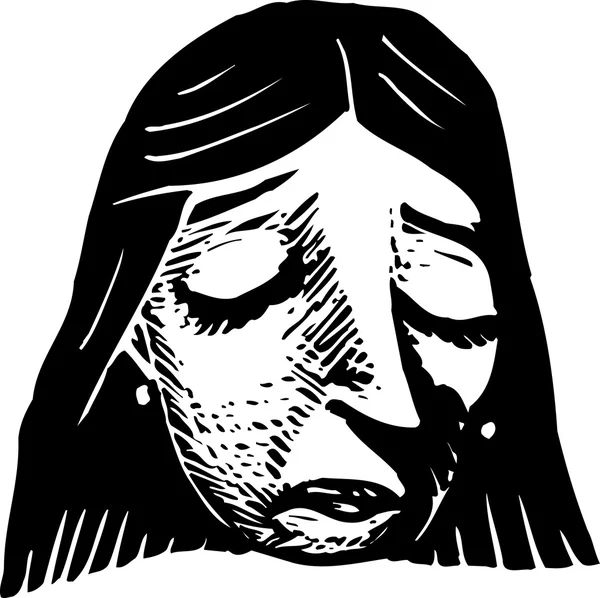 Holzschnitt-Illustration einer Frau in trauriger Stimmung — Stockvektor