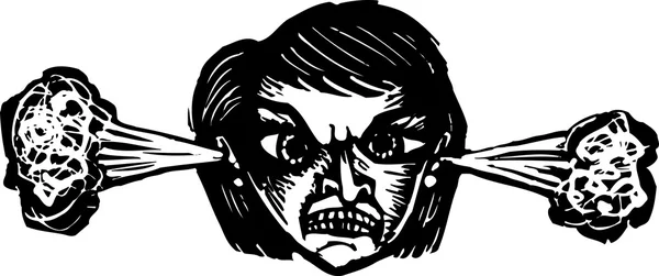 耳から出てくる蒸気で非常に怒っている女性の木版画イラスト — ストックベクタ