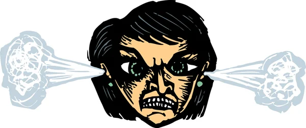 Εικονογράφηση ξυλογραφία του πολύ θυμωμένη γυναίκα με ατμό που βγαίνει από τα αυτιά — Διανυσματικό Αρχείο