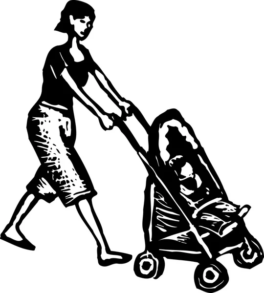 Woodcut Illustration of Mom Pushing a Stroller — Stock Vector