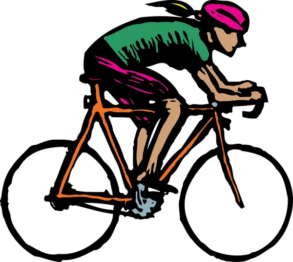 Dřevoryt ilustrace žena jedoucí na kole — Stockový vektor