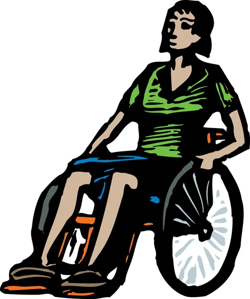 Woodcut Illustrazione di donna disabile sedia a rotelle — Vettoriale Stock