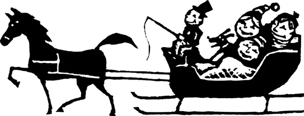 Woodcut Ilustración de la familia montando en un trineo abierto de un caballo — Vector de stock