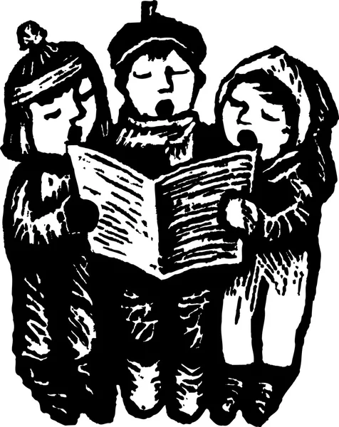 Woodcut Illustration of Three Children Caroling — Stock Vector