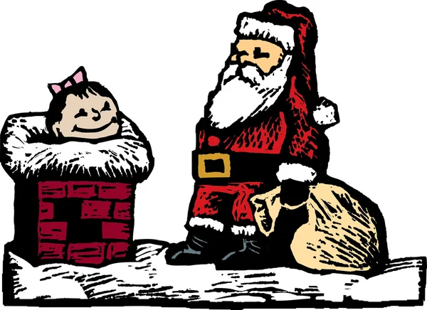 Woodcut ilustración de Santa Claus en la azotea con la cabecita de la muchacha que se pega hacia fuera la chimenea — Vector de stock