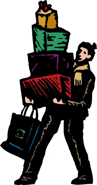 Woodcut Illustration of Man Carrying Big Stack of Christmas Presents — Stock Vector