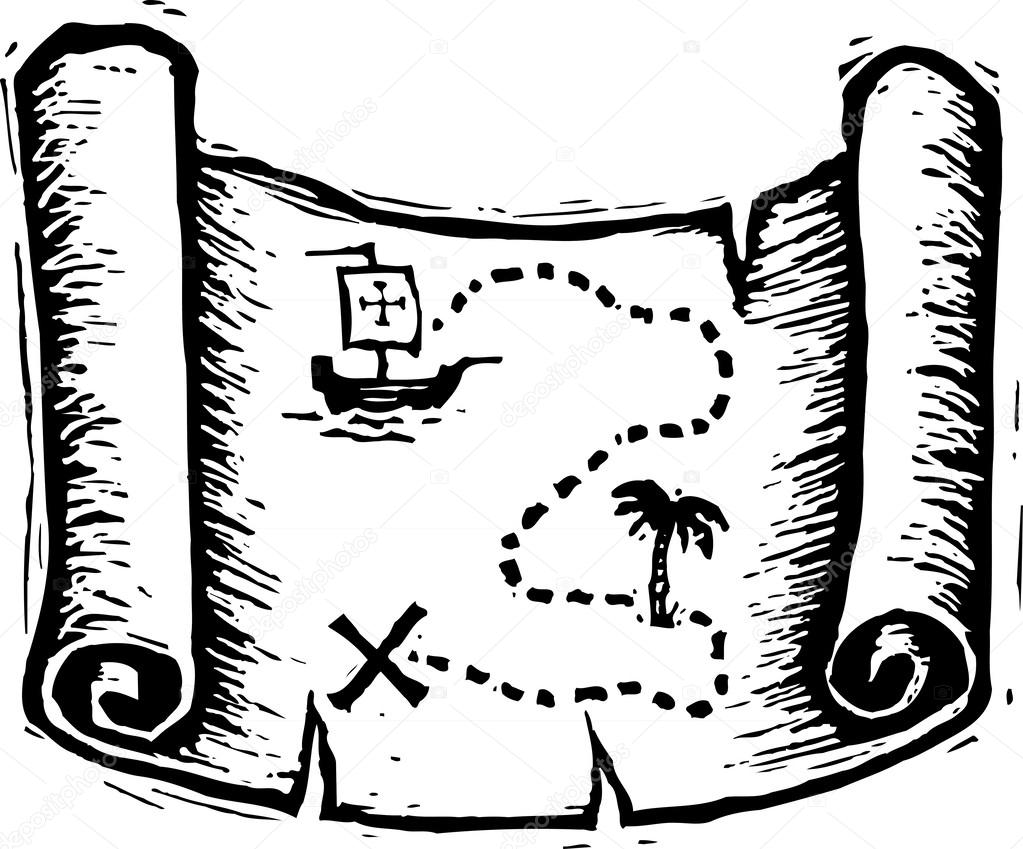 Woodcut Illustration of Treasure Map