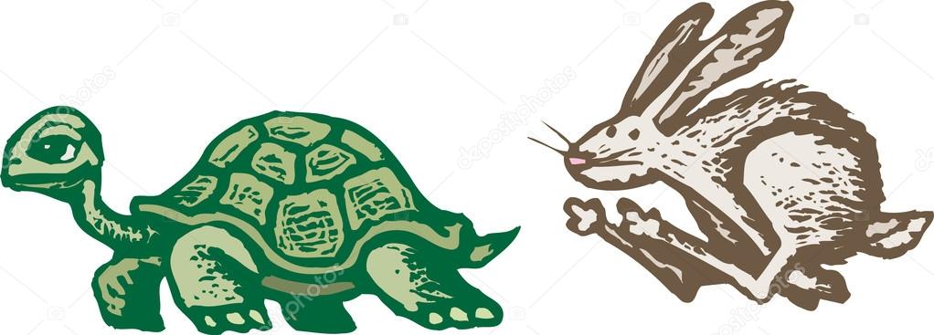Woodcut Illustration of Turtle and Hare
