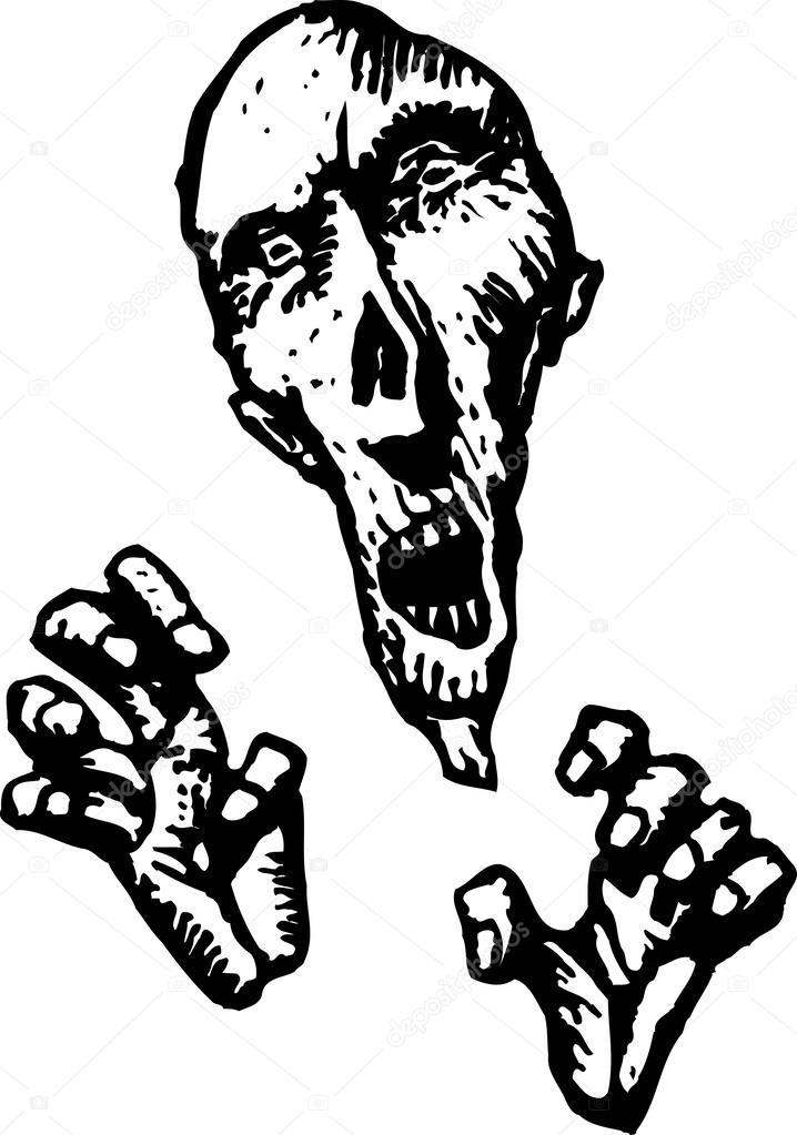 Woodcut illustration of Zombie Head and Hands