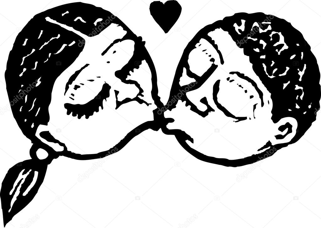 Woodcut Illustration of Boy and Girl Kissing
