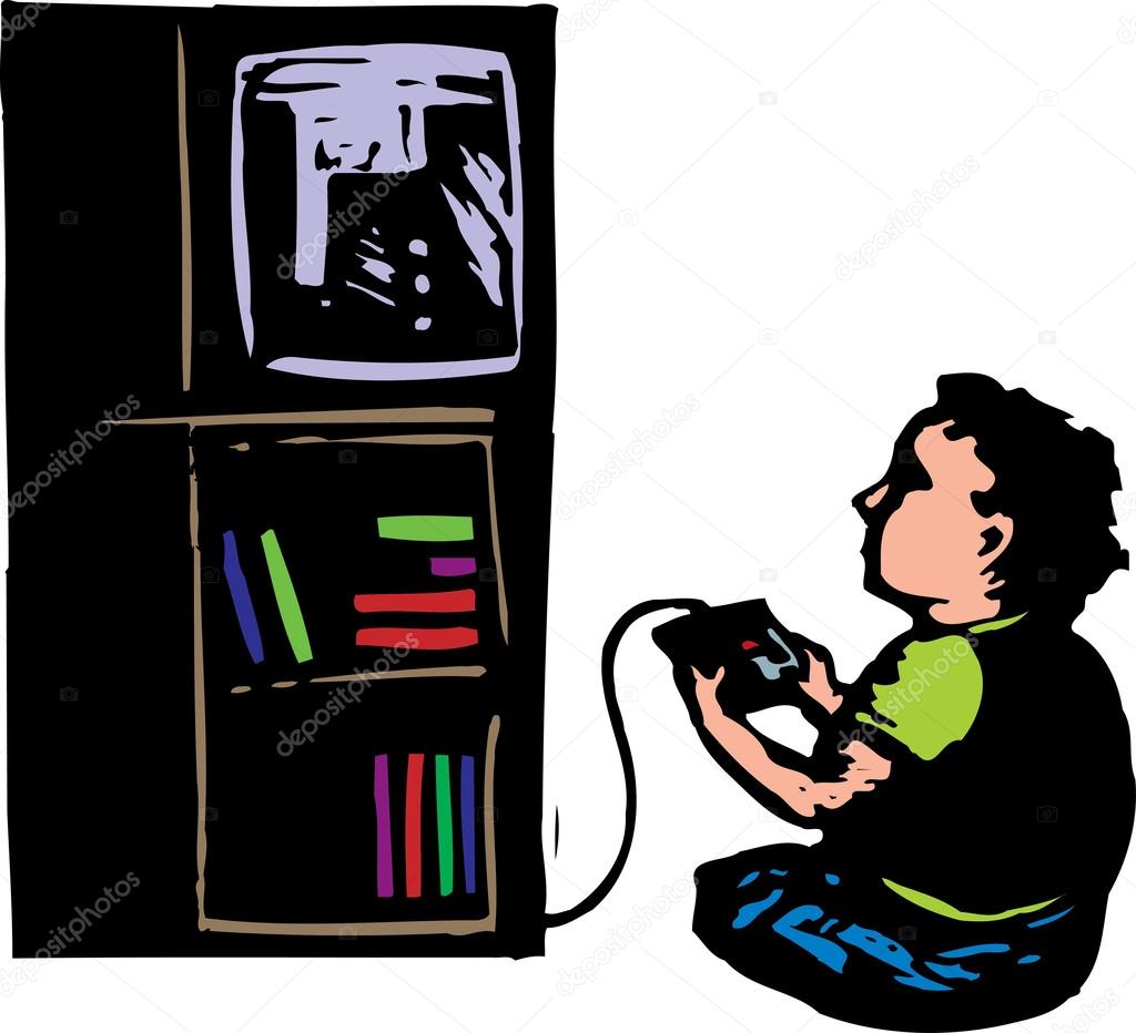 ビデオ ゲームをしている少年の木版画イラスト ストックベクター C Ronjoe