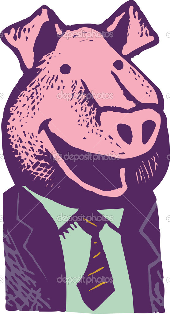 Woodcut Illustration of Hog or Pig in a Business Suit