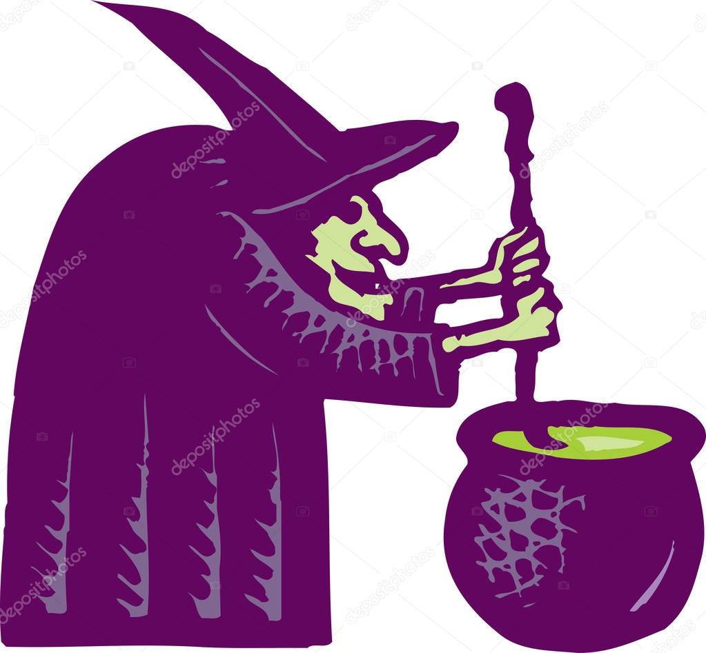 Woodcut Illustration of Witch Stirring Cauldron