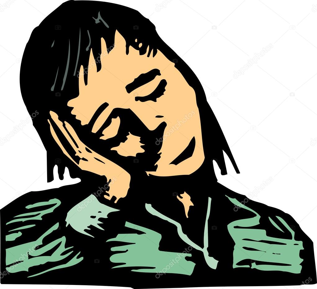 Woodcut illustration of Depressed or Sleeping Woman