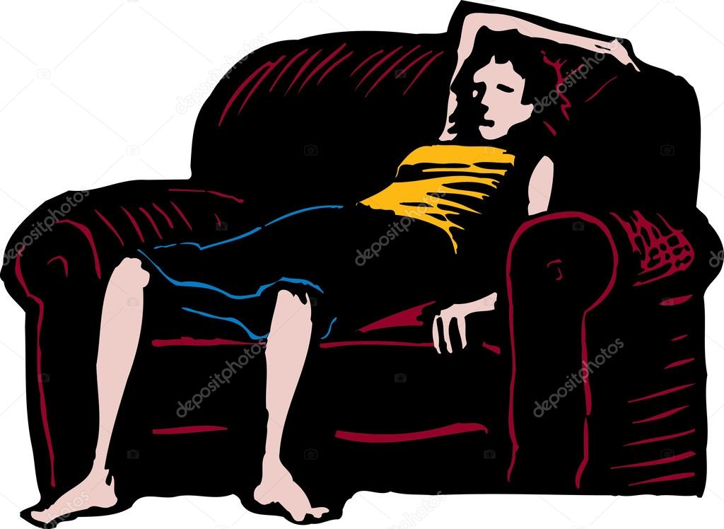 Woodcut Illustration of Exhausted Woman Relaxing on Couch