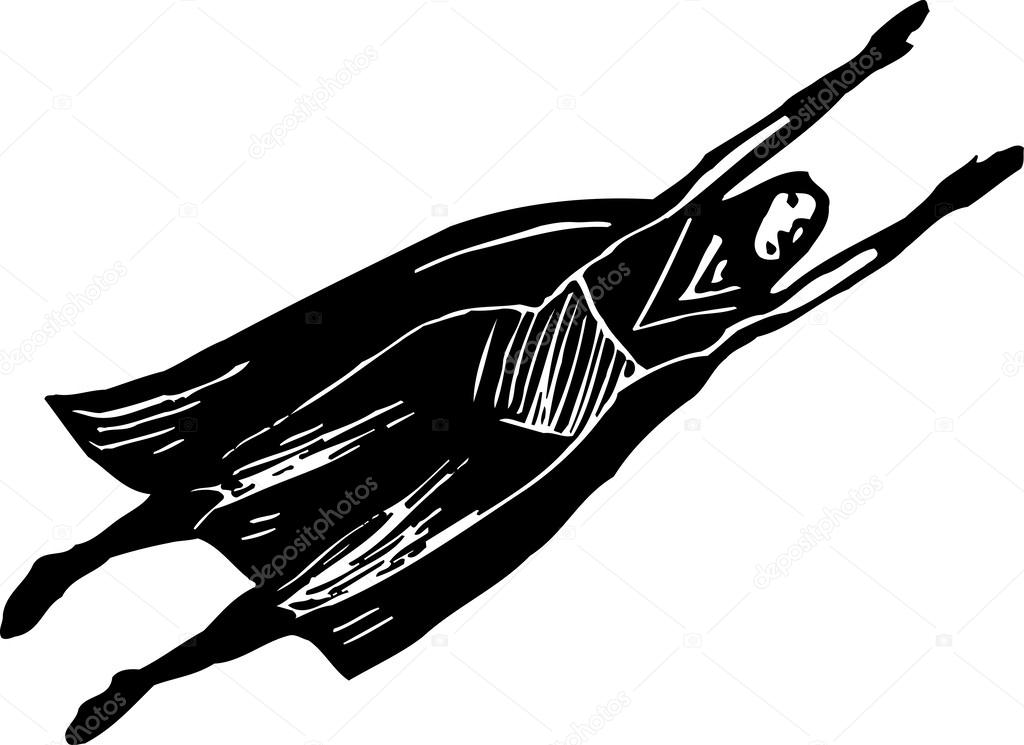 Black and white vector illustration of Super Woman Flying