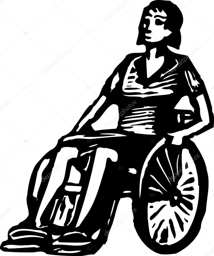 Engelli kadın tekerlekli sandalye gravür çizimi — Stok