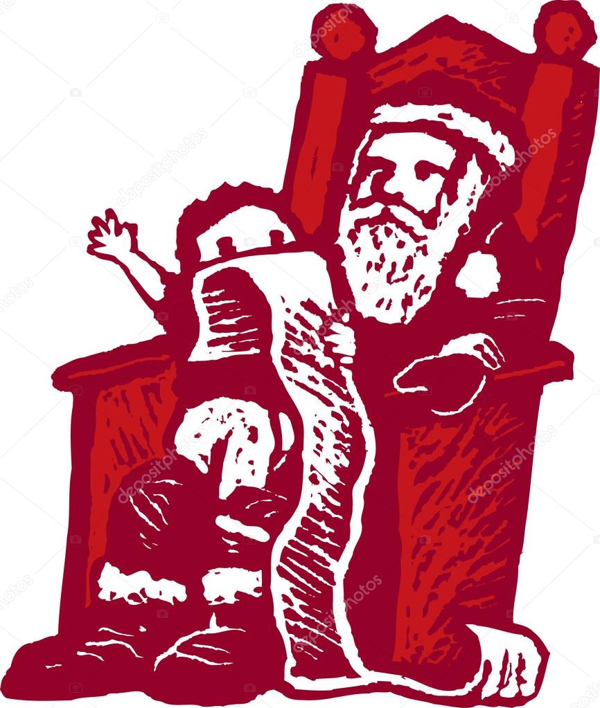 Woodcut Illustration of Little Boy with a Long List Telling Santa What He Wants for Christmas