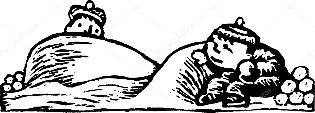 Woodcut Illustration of Two Kids Having a Snowball Fight — Stock Illustration Woodcut Illustration of Two Kids Having a Snowball Fight Vector Graphics