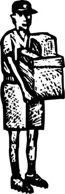 Kurye teslimat adam paketleri ile gravür çizimi