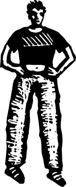 bir adam ayakta gravür çizimi