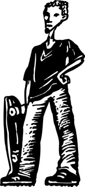 kaykay ile genç çocuk gravür çizimi