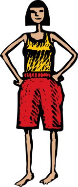Woodcut Illustration of Woman Wearing Boxer Shorts clipart