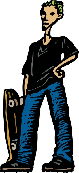 Woodcut ilustração de adolescente menino com skate — Vetor de Stock