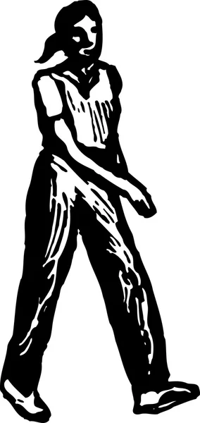 Woodcut Illustration of Woman Walking — Stok Vektör