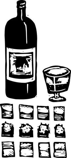 Woodcut Ilustración de vino y queso — Archivo Imágenes Vectoriales