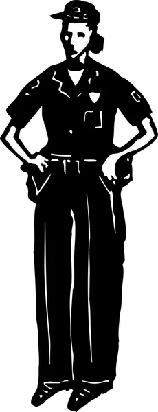 Woodcut Ilustración del oficial de policía femenino — Vector de stock