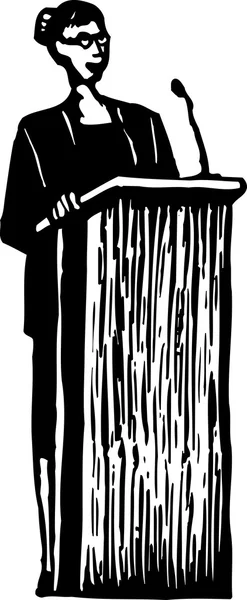 Woodcut Ilustración de la mujer dando discurso — Vector de stock