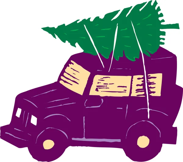 Woodcut Ilustração da árvore de Natal amarrada ao telhado do carro ou SUV — Vetor de Stock