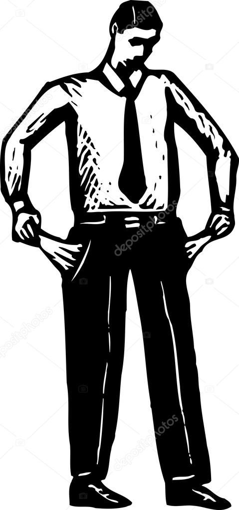 Woodcut Illustration of Broke Man Pulling Out Empty Pockets