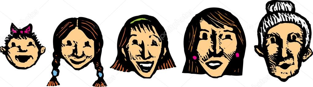 Woodcut Illustration of Life Stages - Girl to Old Woman