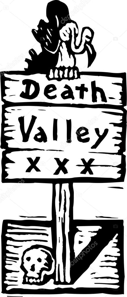 Woodcut illustration of Death Valley Sign with Vulture and Skull