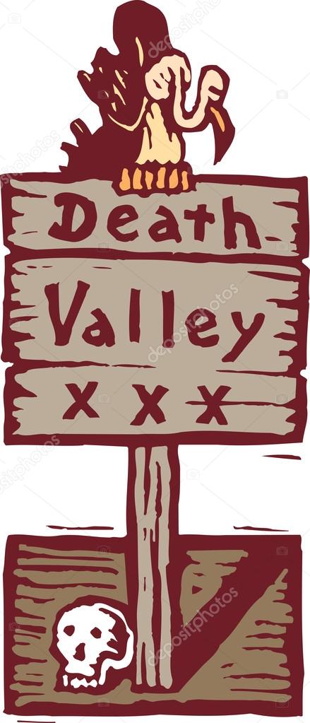 Woodcut illustration of Death Valley Sign with Vulture and Skull