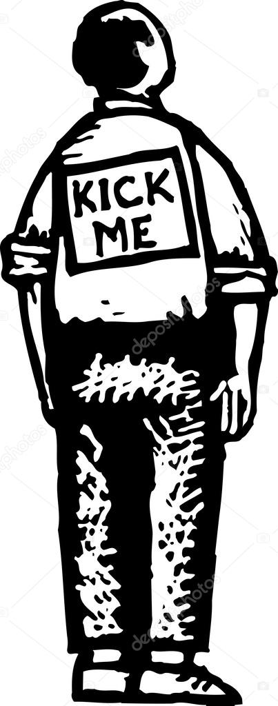 Woodcut Illustration of Man with Kick Me Sign on His Back